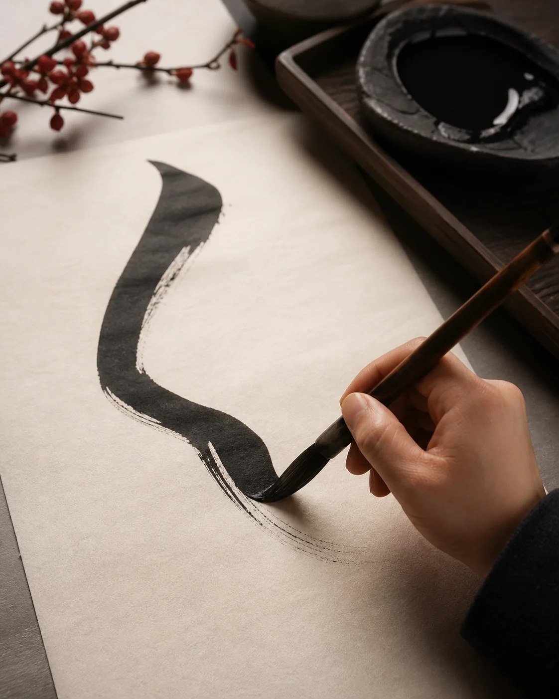 A brush creating an expressive ink stroke on rice paper