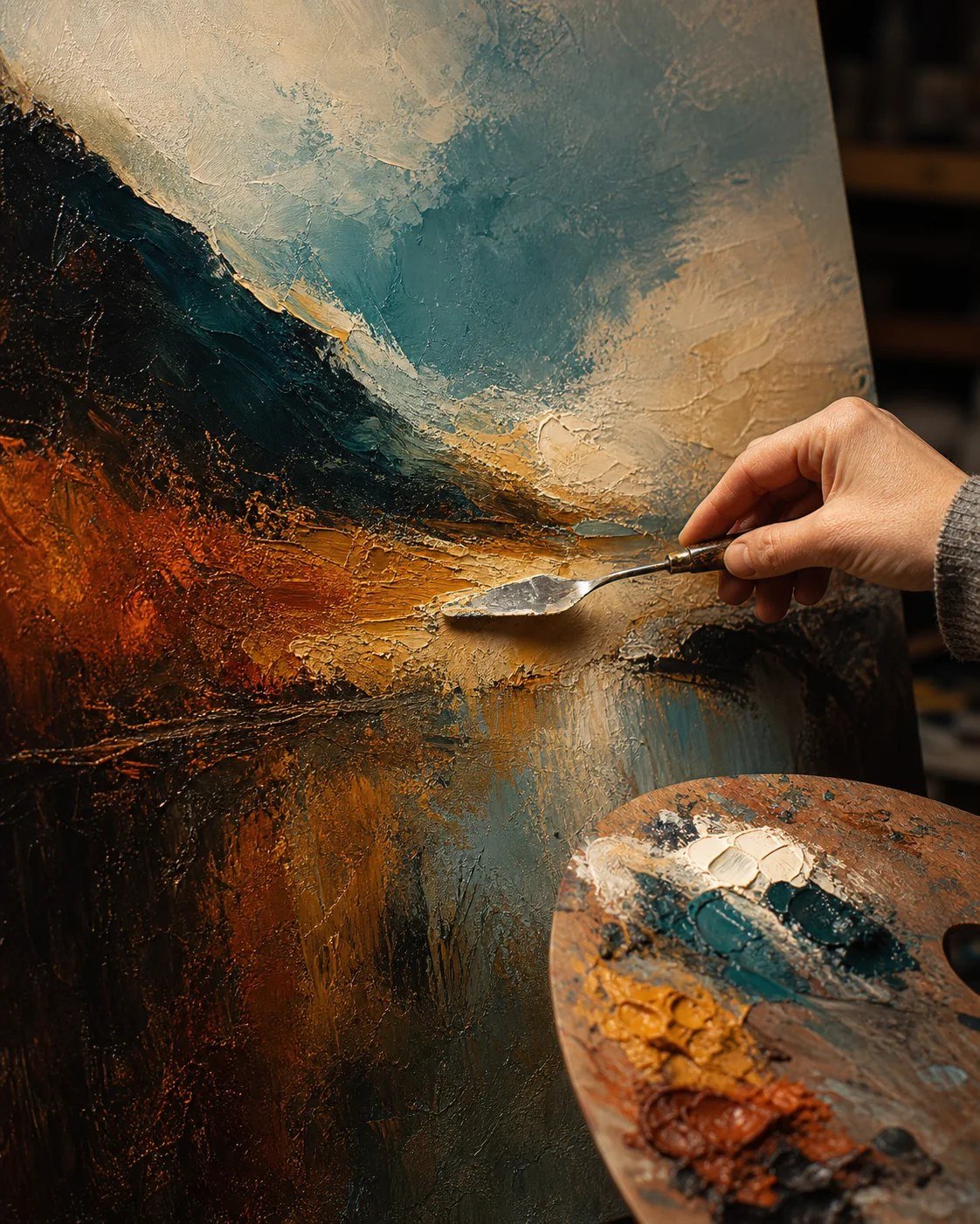 A palette knife adding textured oil paint to a canvas
