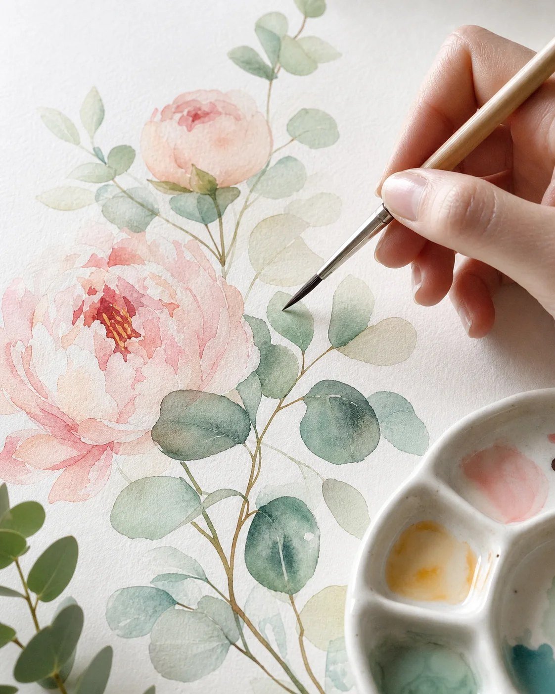A hand painting soft peonies and leaves in watercolour